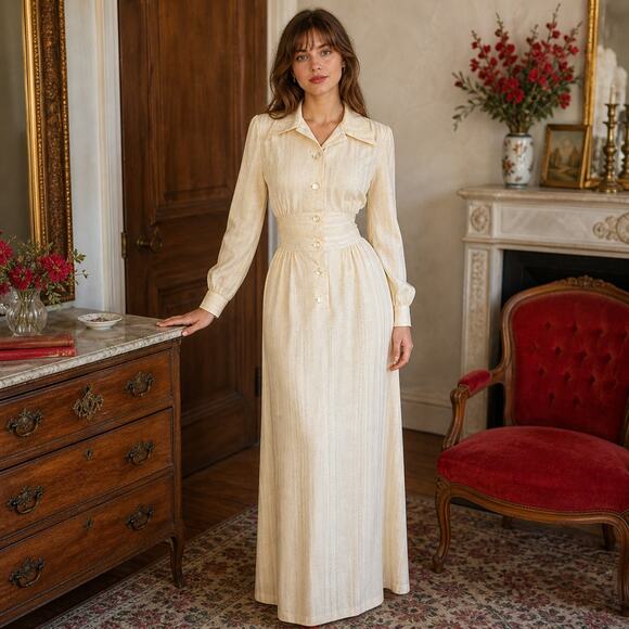 Momentum Dresses & Skirts - 70s VTG Momentum Maxi Dress, Faux Corset Waist Jacquard Stripe Cream Maxi - S